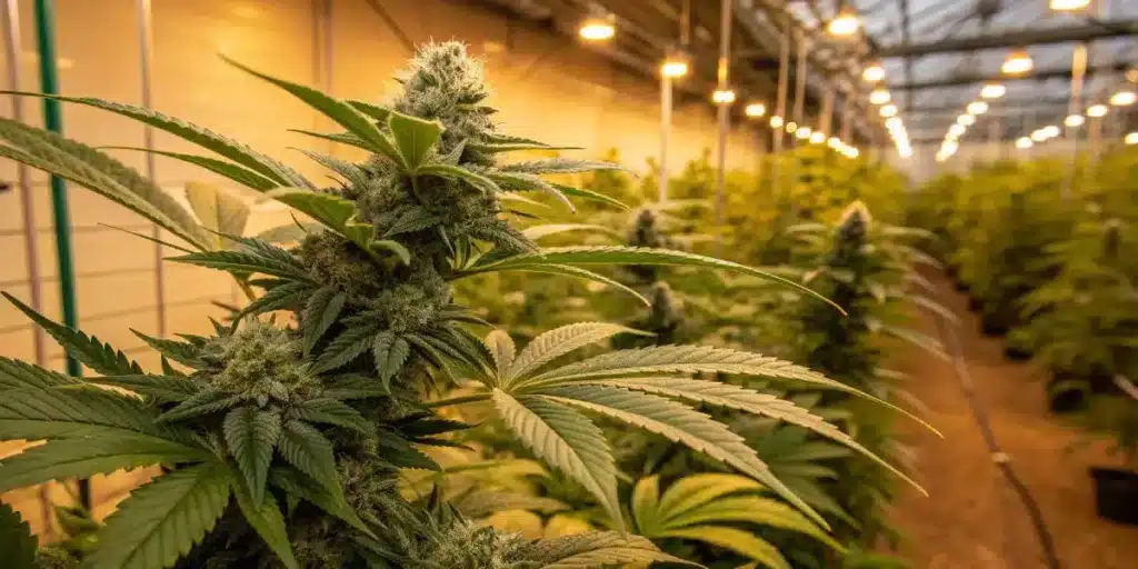 Healthy Crystal strain cannabis plants flourishing in a large greenhouse under grow lights.