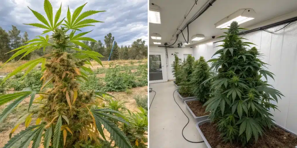 Side-by-side comparison of mature outdoor weed plant and tall indoor weed plants under artificial light in controlled environment.