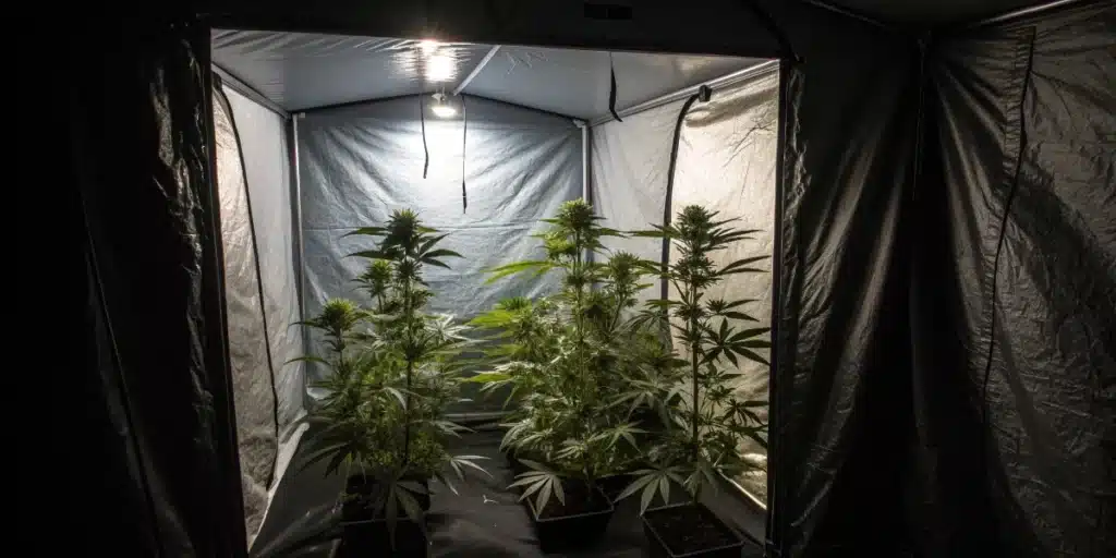 Flowering light cycle indoor grow with tall weed plants inside a reflective grow tent under bright hanging bulbs