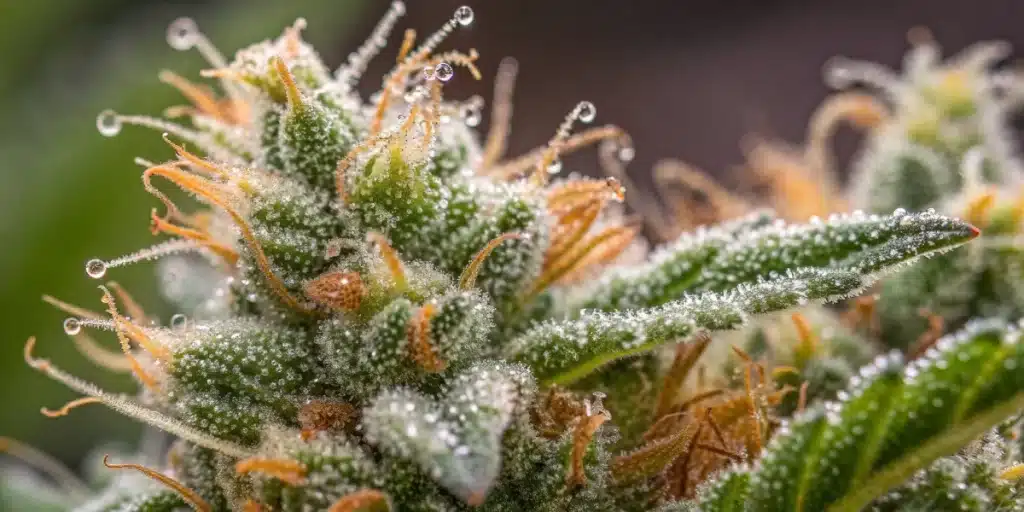 Macro shot of flowering stage cannabis showing frosty trichomes and orange pistils; keyword: flowering stage cannabis.