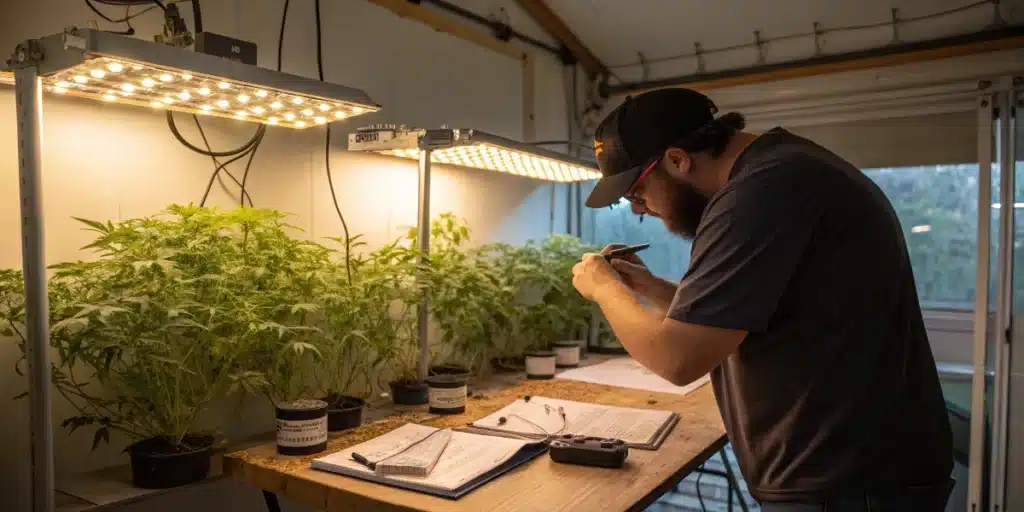 Flowering stage cannabis observed by a grower inspecting plants under LED lights with detailed notes and tools on a wooden table