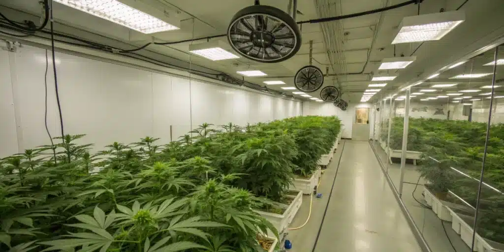 Cannabis plants in mid-flowering stage under LED grow lights inside an indoor cultivation room; keyword: flowering stage light hours indoor