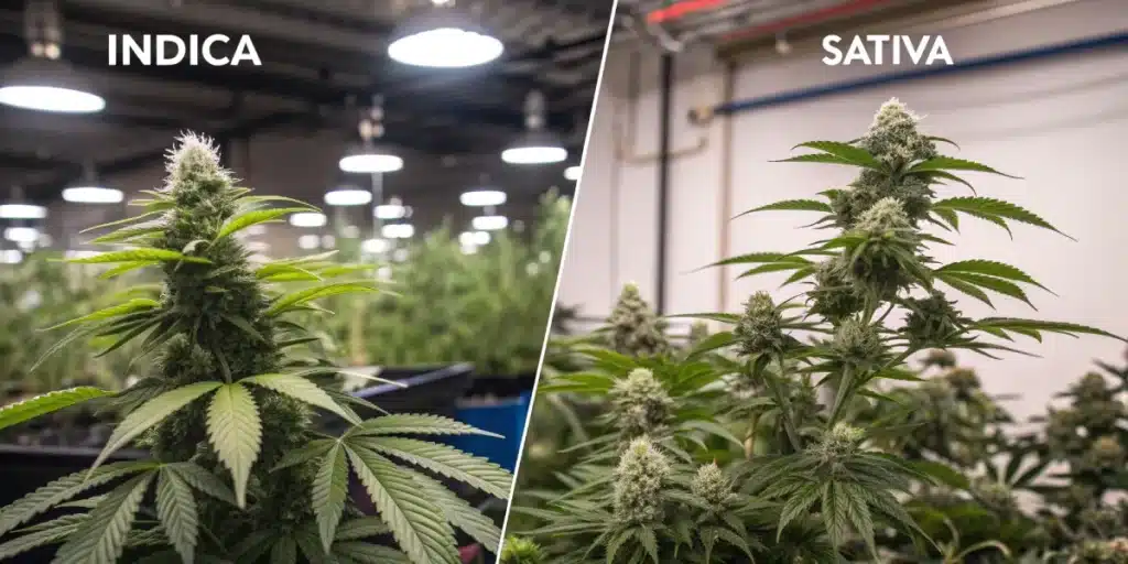 Side-by-side view of indica and sativa cannabis plants in bloom under grow lights; keyword: flowering stage weed.