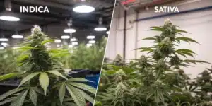 Side-by-side view of indica and sativa cannabis plants in bloom under grow lights; keyword: flowering stage weed.