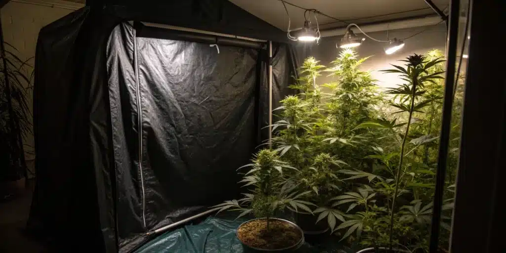 Flowering stage weed thriving inside a dark grow tent with multiple plants illuminated by overhead lights in dense formation