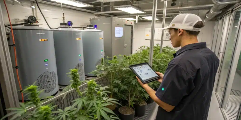 Close-up of mature cannabis buds under white grow lights during flowering phase; keyword: flowering stage weed light hours indoor.