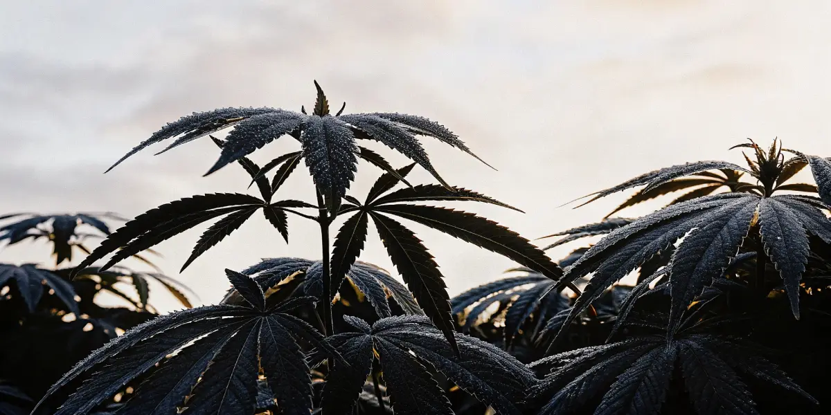 Frost-covered cannabis leaves under cold morning light.
