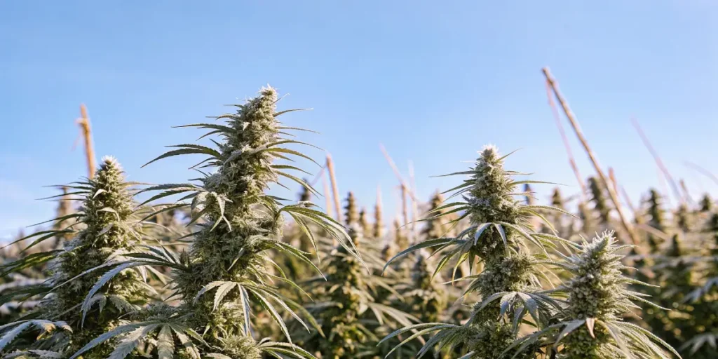 Frost-covered cannabis plants standing tall in a sunny outdoor field.