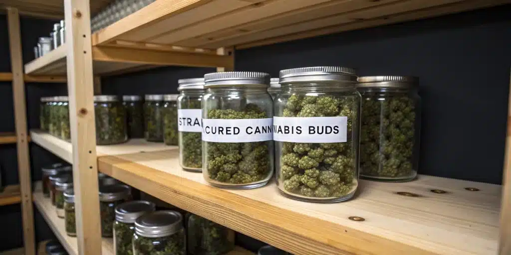 Fully developed trichome harvest chart concept shown with labeled jars of cured cannabis buds organized on wooden shelves
