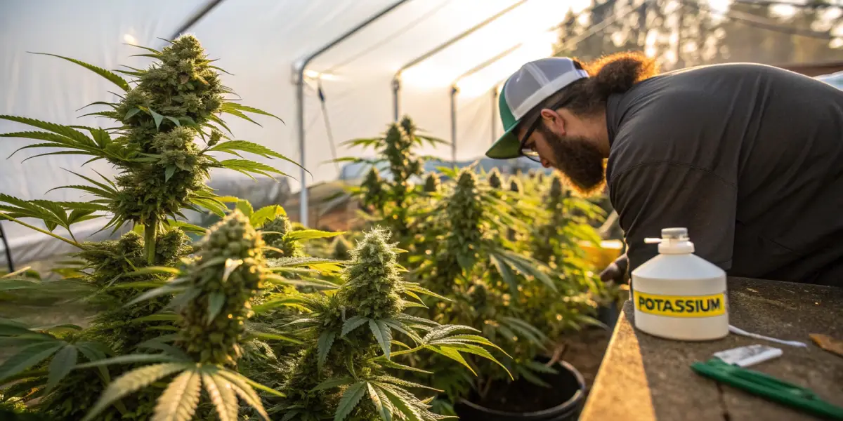 Cannabis grower in a greenhouse applying potassium nutrients to flowering plants.