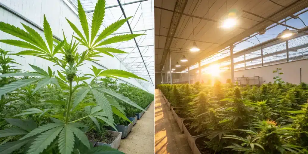 Split image: lush cannabis plants in a bright greenhouse (left) versus golden-hued plants under indoor grow lights (right).