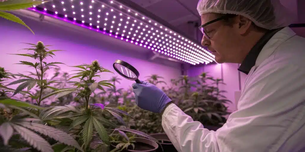 Scientist in lab coat and hairnet inspecting cannabis plants with a magnifying glass under purple grow lights.