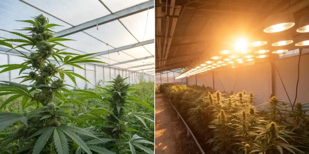Split image: thriving cannabis plants in a bright greenhouse (left) versus plants under warm artificial lights indoors (right).