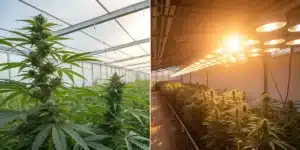 Split image: thriving cannabis plants in a bright greenhouse (left) versus plants under warm artificial lights indoors (right).
