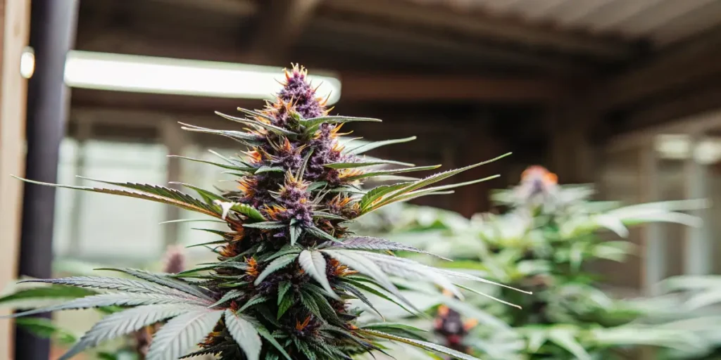 Purple phenotype of Grizzly Purple Kush with vivid colors and resin-rich buds in an indoor environment.