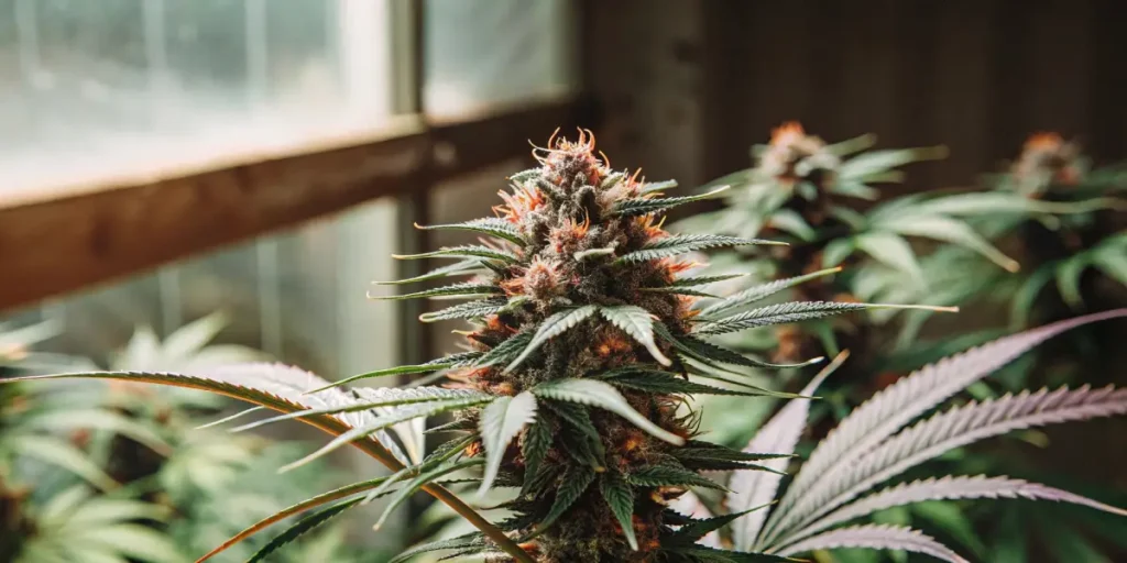 Close-up of a Grizzly Purple Kush cannabis plant with orange pistils and dense trichomes in an indoor grow.
