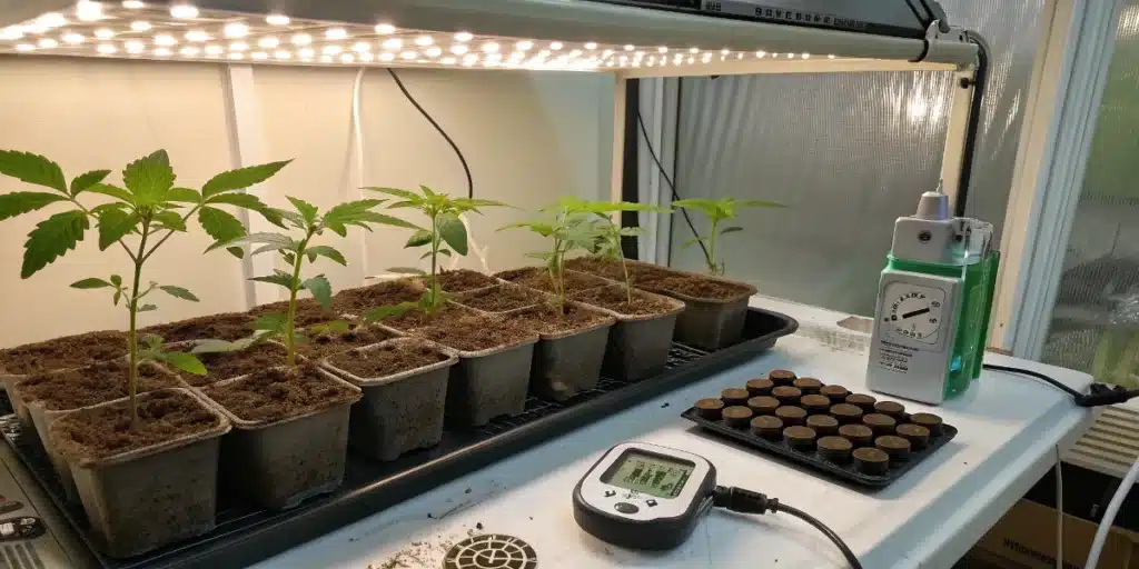 Cannabis seedlings growing indoors under LED grow lights in biodegradable pots with soil and humidity controls