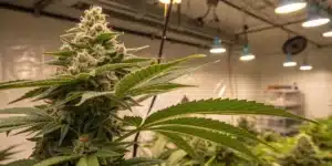 Dense cannabis bud from growing feminized seeds indoor under LED grow lights inside a well-ventilated grow room.