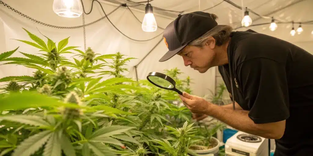 Man observing flowering marijuana plants under warm grow lights inside a tent for growing marijuana from seed to harvest indoor