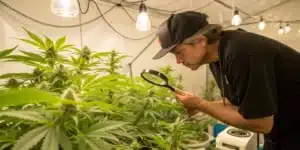 Man observing flowering marijuana plants under warm grow lights inside a tent for growing marijuana from seed to harvest indoor