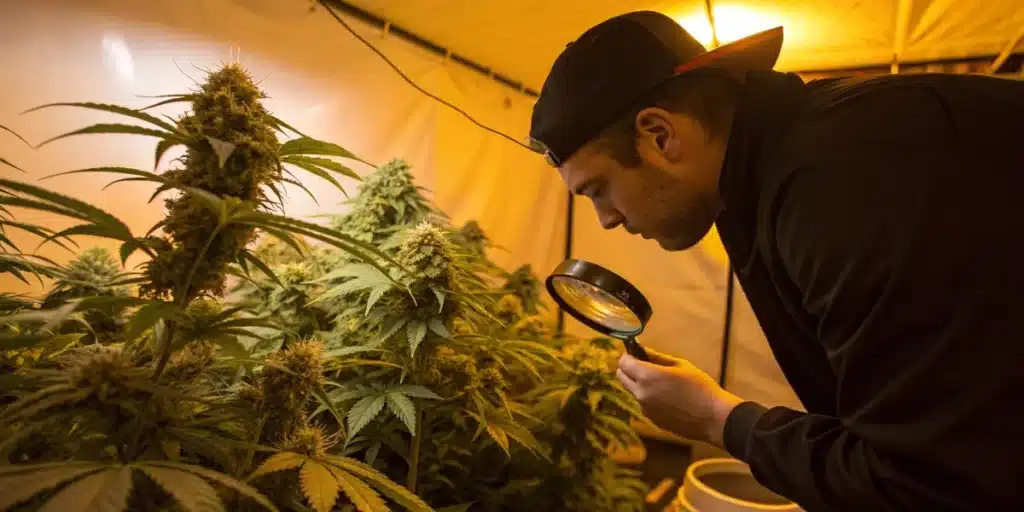 Marijuana growing indoors tips displayed on a close-up of damaged leaves with visible browning and curling due to potential stress
