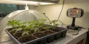 Growing marijuana seedlings indoors in a humidity dome with strong LED light and digital environment monitor display