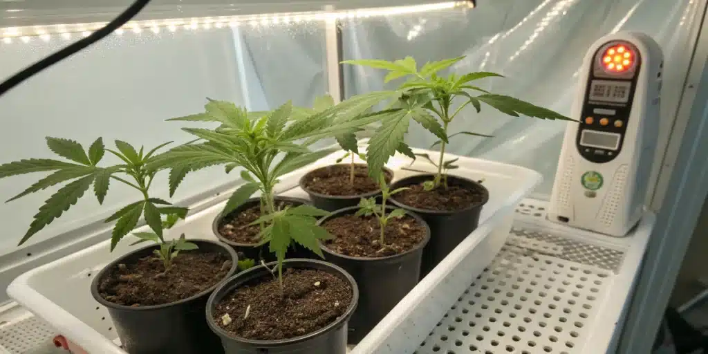 Growing weed seedlings indoors in small black pots under LED lighting with a digital temperature and humidity monitor