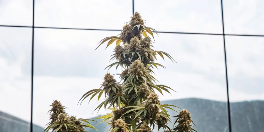 Tall Hindu Kush cannabis plant growing outdoors against a glass wall with mountains reflected in the background.
