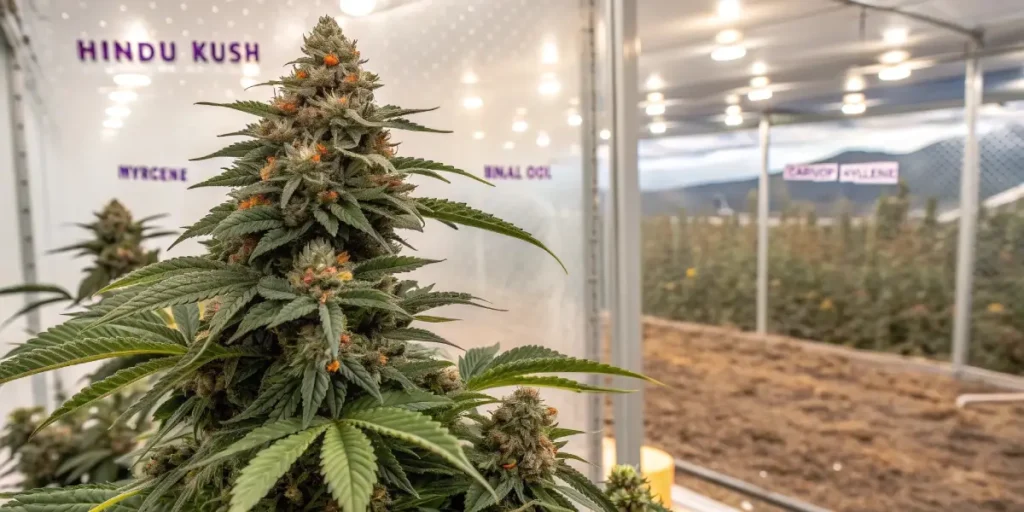 Hindu Kush cannabis plant in a terpene-labeled grow room with bright LED lighting and mountain view outside.