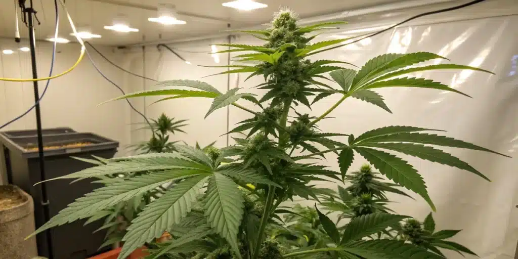 Cannabis plant after 4 weeks indoors, medium height with multiple bud sites forming under grow lights in a reflective grow tent.