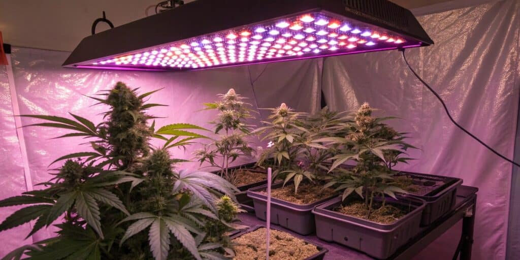 Cannabis plants growing under LED lights in a reflective grow tent for how long does it take to grow weed indoors.