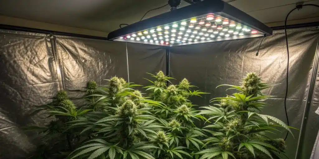 Cannabis plants growing under multicolor LED lights in a grow tent; keyword: how long is the flowering stage indoors.