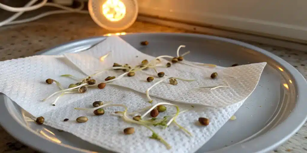 How to germinate cannabis seeds indoors using moist paper towels and indirect warm light for sprouting