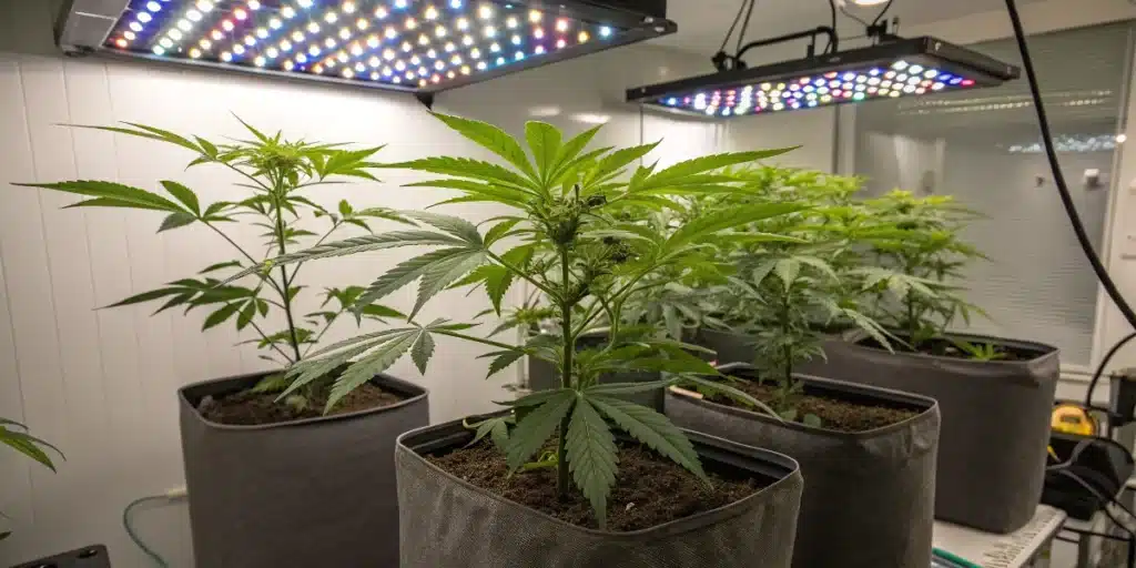 How to grow a cannabis plant indoors with young plants in fabric pots under full-spectrum LED lights in a clean grow space.