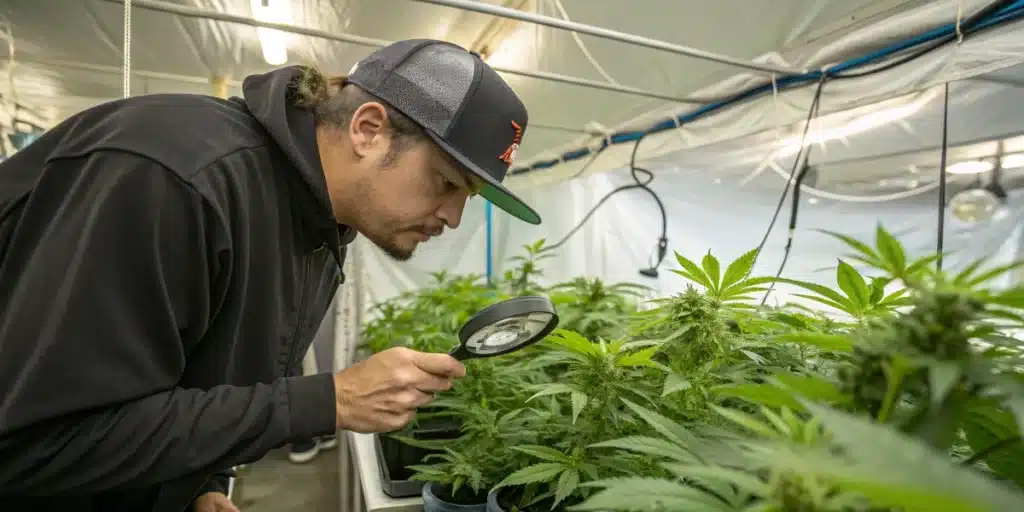 Grower inspecting trichome development on indoor cannabis plants with a magnifying glass for how to grow ganja indoors