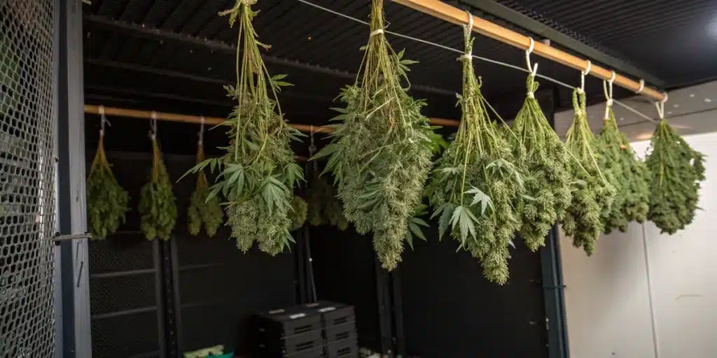 How to harvest cannabis grown indoors captured with large cannabis colas hanging upside down to dry in a ventilated room