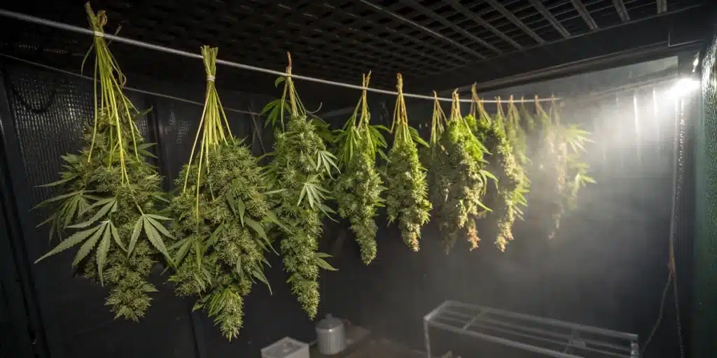How to harvest marijuana grown indoors shown through trimmed buds drying on a line under soft light in a darkened grow space