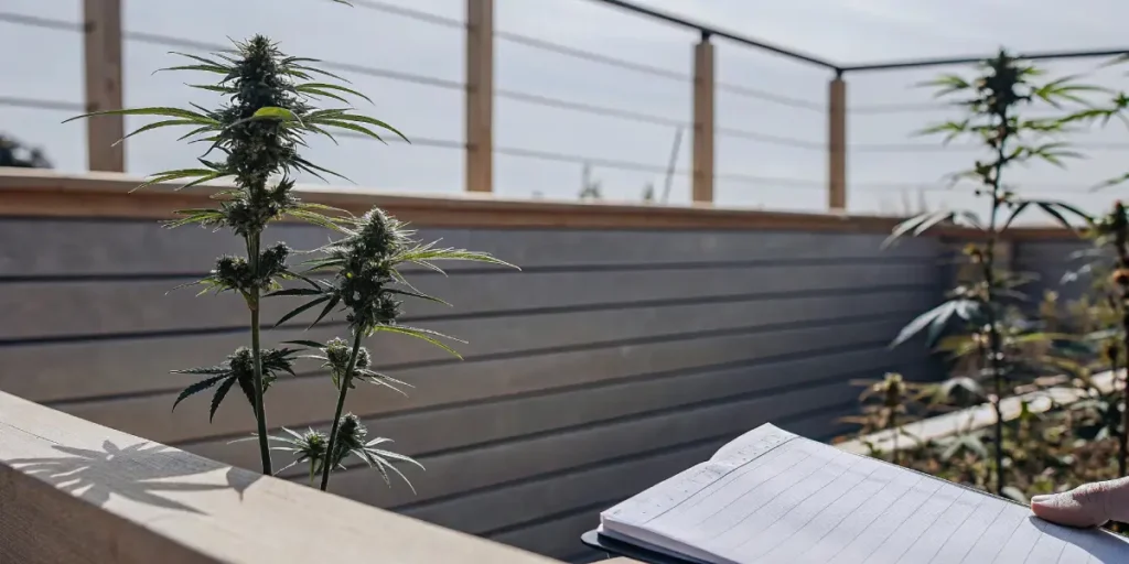 Hyper-realistic outdoor cannabis garden scene with healthy marijuana plants under natural sunlight