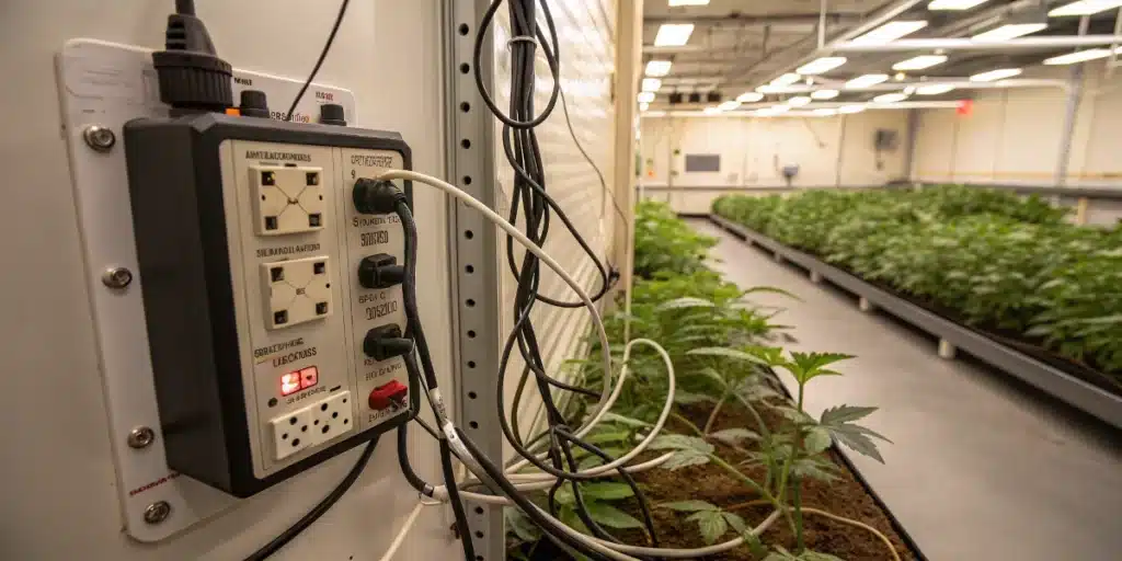 Indoor cannabis grow setup with automated electrical controls powering lights and irrigation in a large professional grow room.