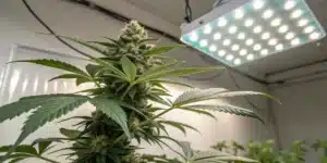 Indoor cannabis grown under LED panel, with dense trichome-covered buds and healthy green fan leaves in a white grow tent