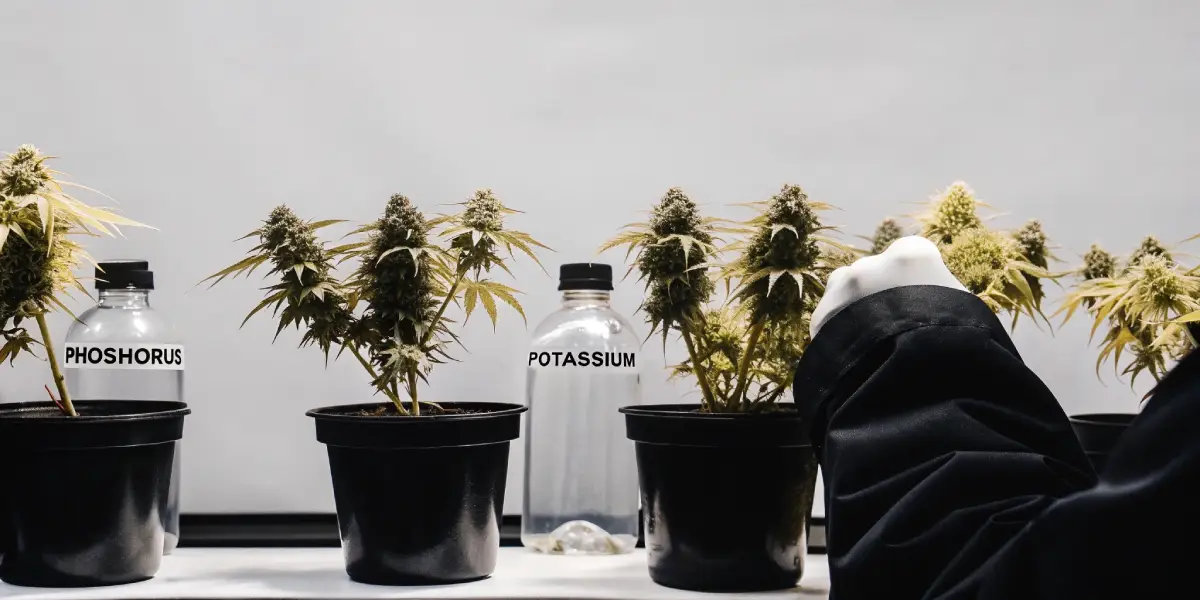 Flowering cannabis plants in pots with bottles labeled phosphorus and potassium.