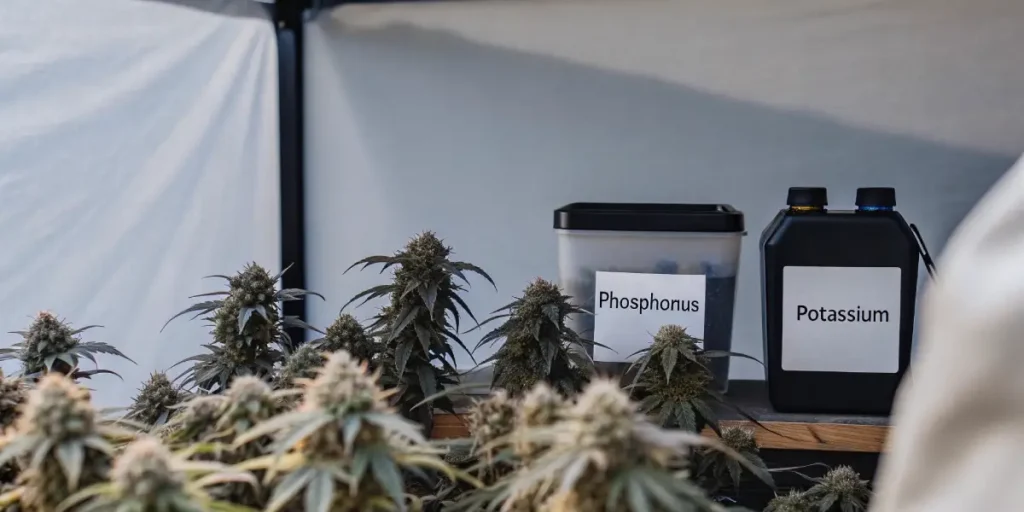 Cannabis plants growing indoors next to containers labeled phosphorus and potassium.