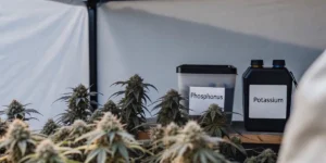 Cannabis plants growing indoors next to containers labeled phosphorus and potassium.