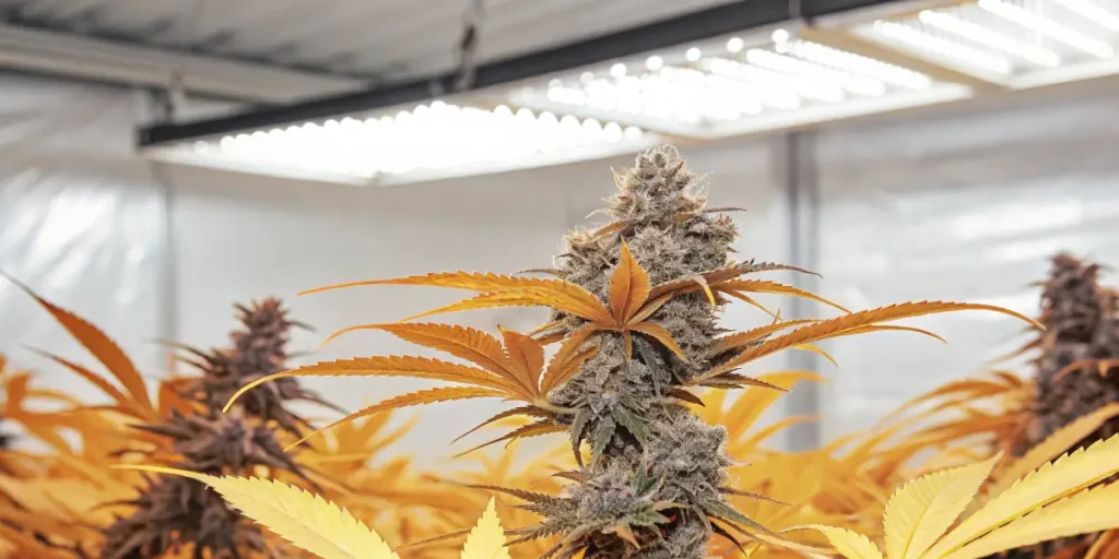 Indoor cannabis plant with orange leaves and frosty buds under LED grow lights