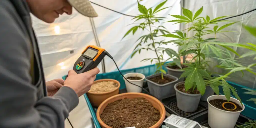 Indoor cannabis soil tested with digital meter next to healthy cannabis plants in mixed containers inside a grow tent