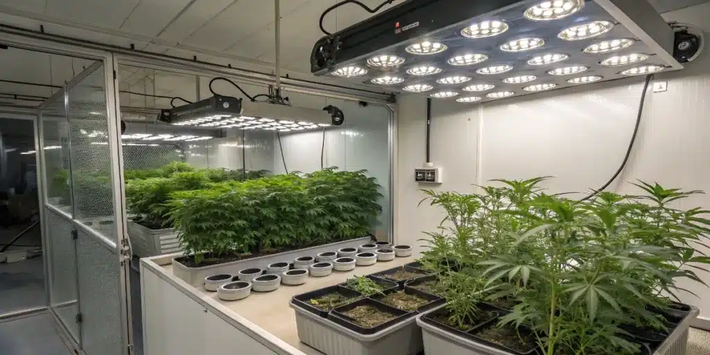 Indoor grow room with LED panels and cannabis plants in trays, set in a sterile, high-tech cultivation environment
