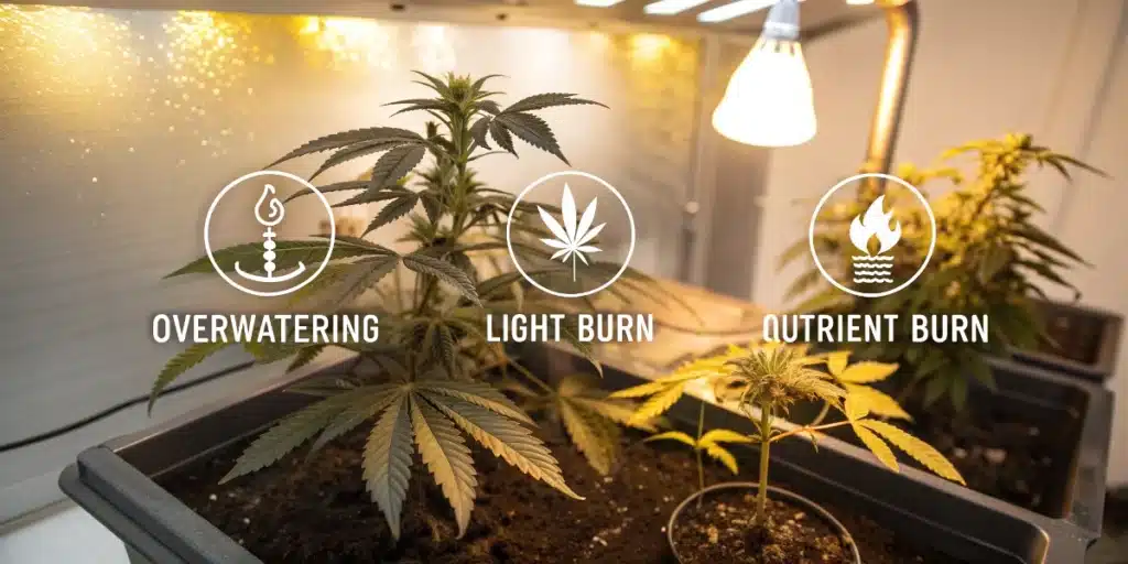 Indoor grown cannabis plants showing signs of overwatering, light burn, and nutrient burn with labeled icons under warm grow lights