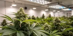 Indoor grown cannabis plants thriving under LED lights in a controlled environment with lush green foliage and rich resin.