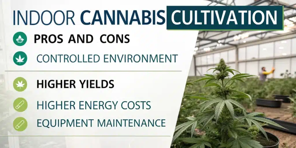 Infographic-style layout showing indoor grown pros like high potency and controlled climate versus cons like energy costs, with clear icons and text.