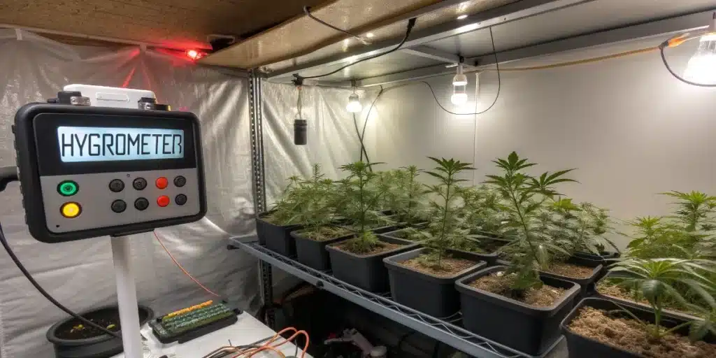 Cannabis grow room with potted plants, hanging lights, and digital hygrometer display for indoor pot growing tips
